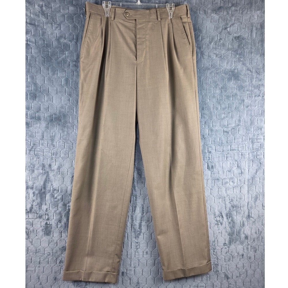 Perry Ellis America Mens 34x34 Pleated Dress Pants Tan Khaki Cuffed Trousers